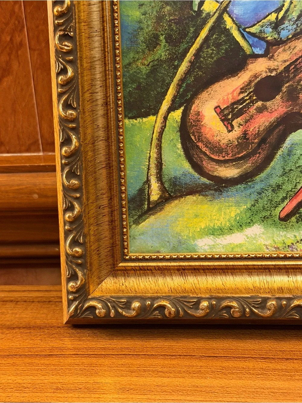 Signed Tropical Landscape Print Ornate Gold Frame Guitar Palm Trees 10”x10”